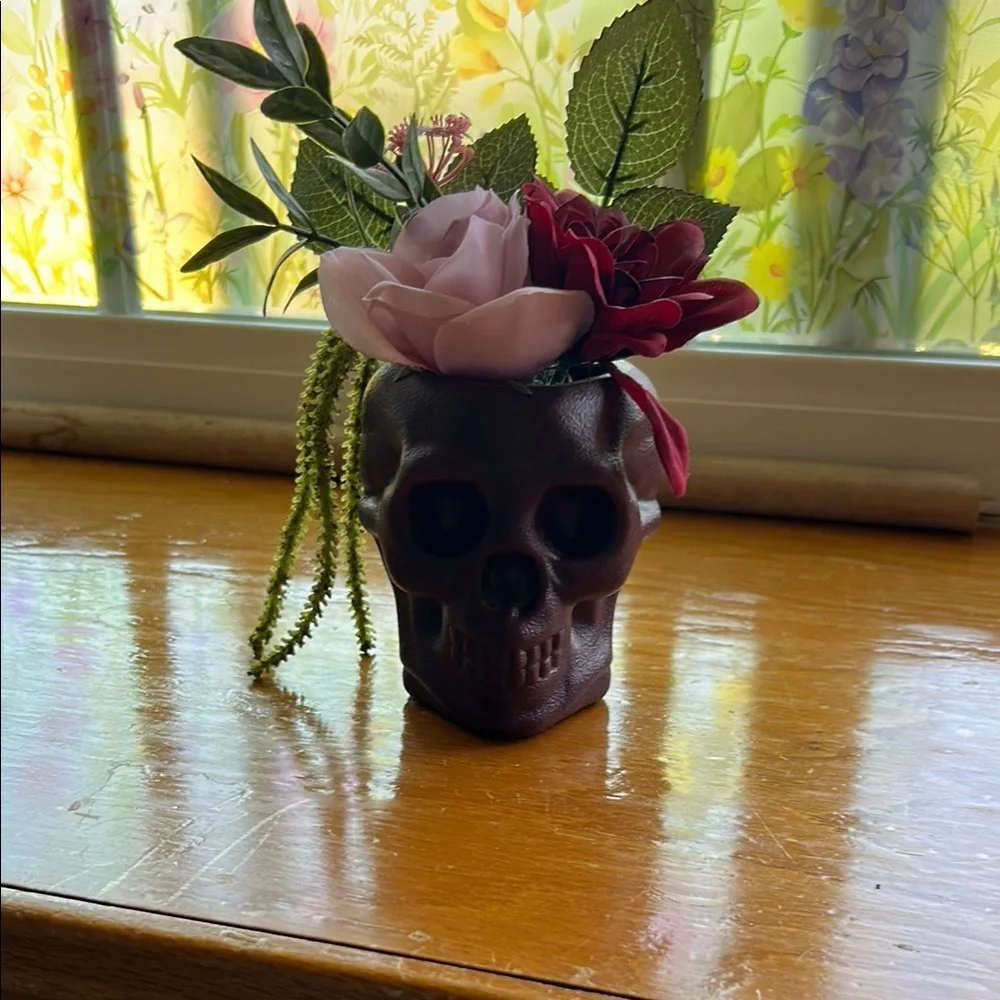 Skull Vase with Pink and Red Flowers